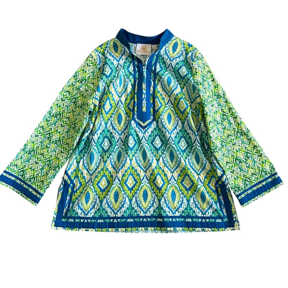 NicoBlu Womens 1X Tunic Top Green & Blue Ikat Print Long Sleeve